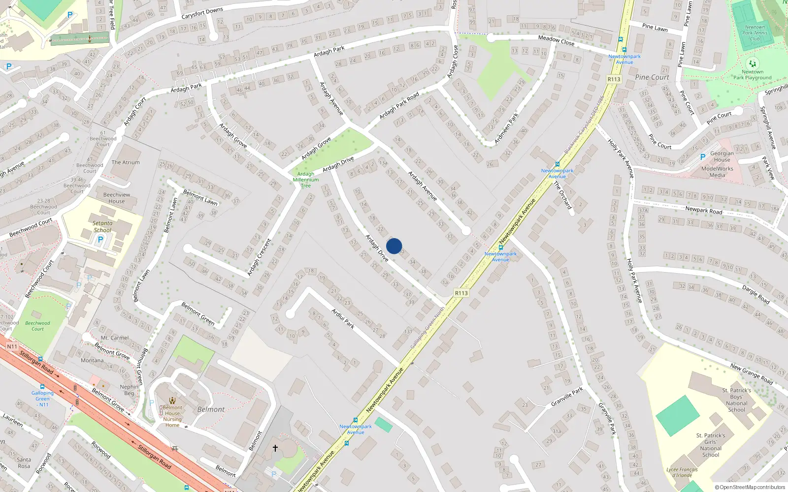 Overhead map showing the location of 28 Ardagh Drive, Blackrock, Dublin
