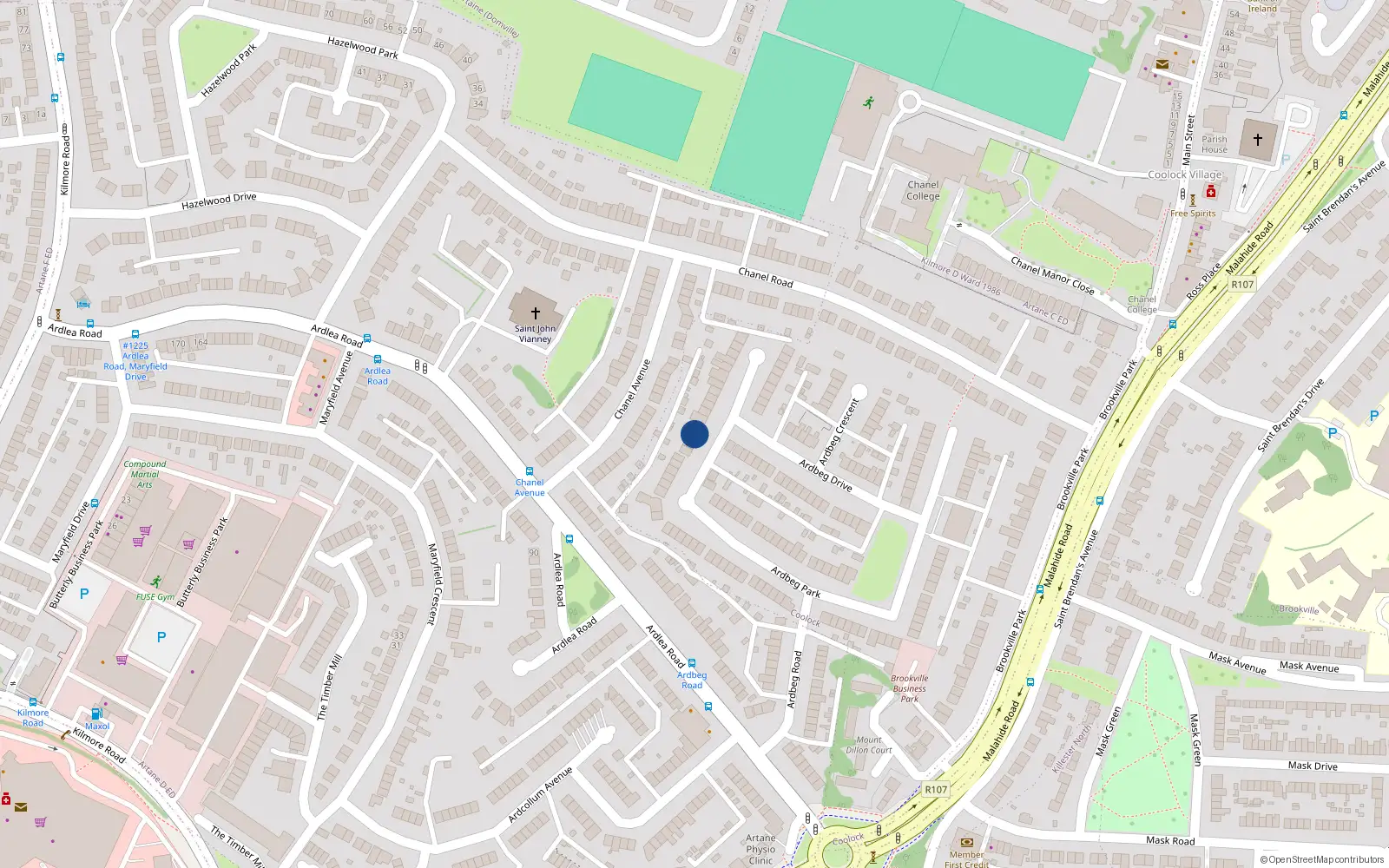 Overhead map showing the location of 28 Ardbeg Park, Artane, Dublin 5