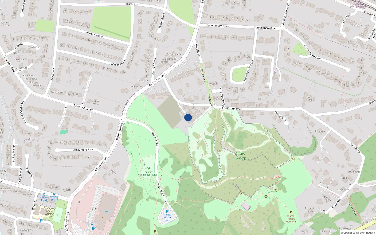 Overhead map showing the location of 28 Ardbrugh Road, Dalkey Hill, Dalkey