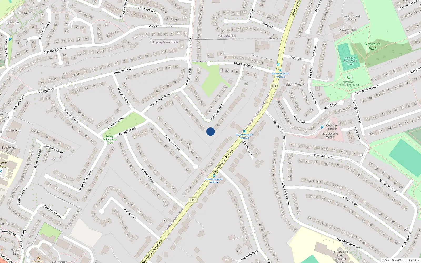 Overhead map showing the location of 28 Ardmeen Park, Blackrock, Dublin