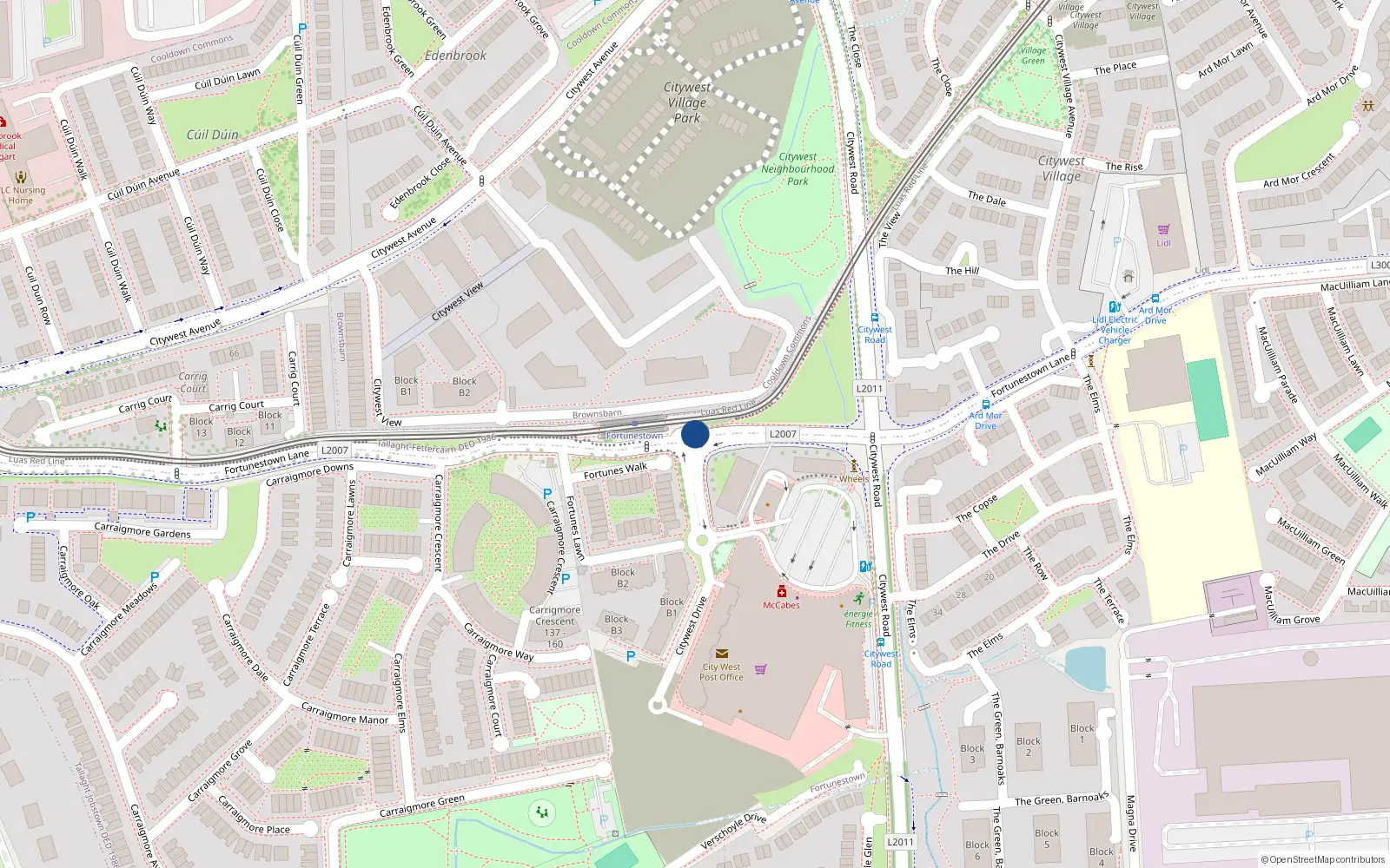 Overhead map showing the location of 28 Ardmore Crescent, Fortunestown Lane