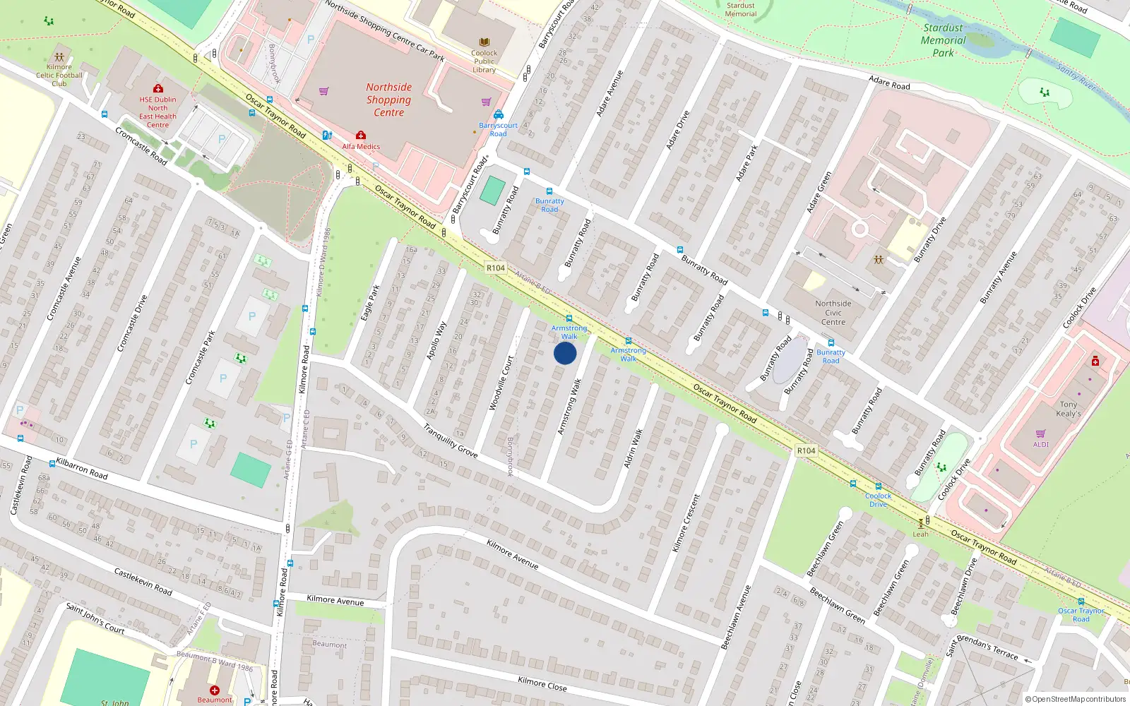 Overhead map showing the location of 28 Armstrong Walk, Coolock, Dublin 5