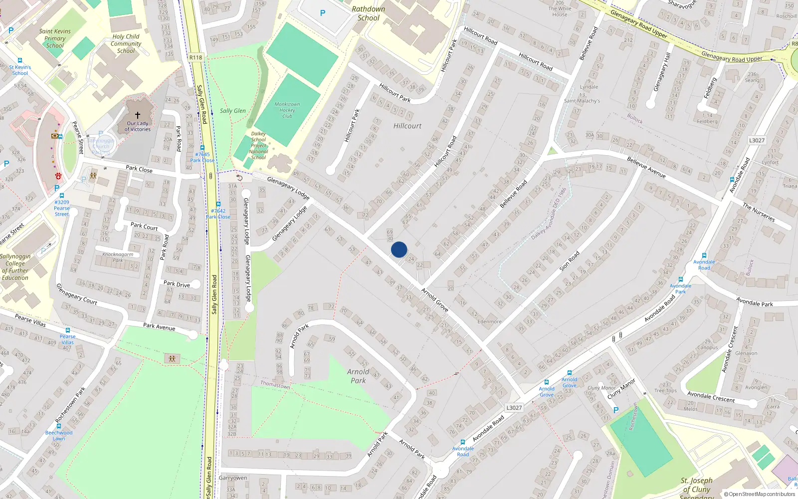 Overhead map showing the location of 28 Arnold Grove, Dublin