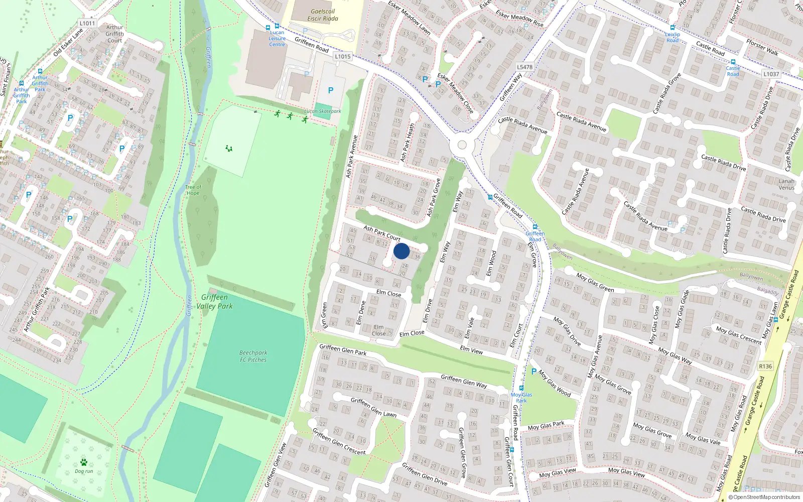 Overhead map showing the location of 28 Ash Park Court, Lucan