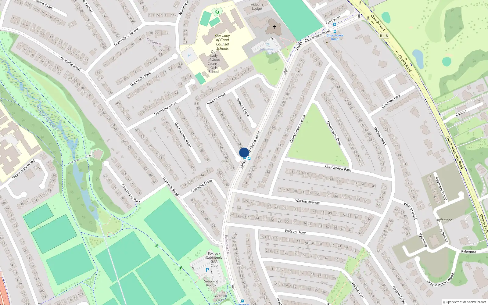 Overhead map showing the location of 28 Auburn Drive, Killiney