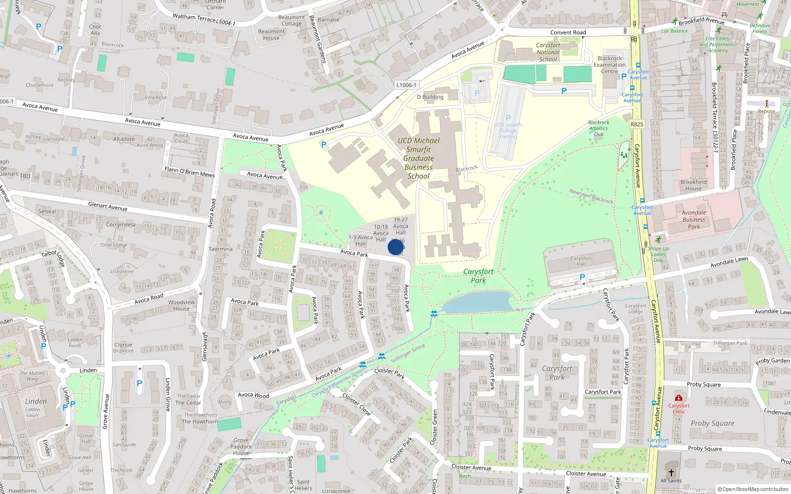 Overhead map showing the location of 28 Avoca Hall, Blackrock, Co Dublin