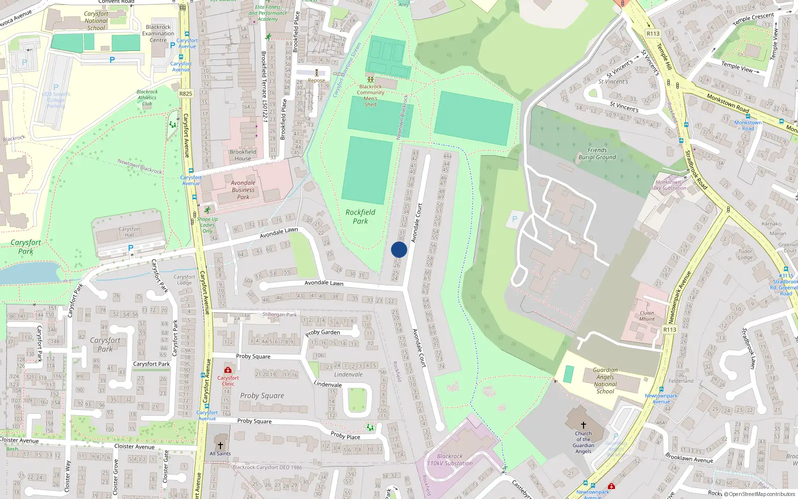 Overhead map showing the location of 28 Avondale Court, Blackrock