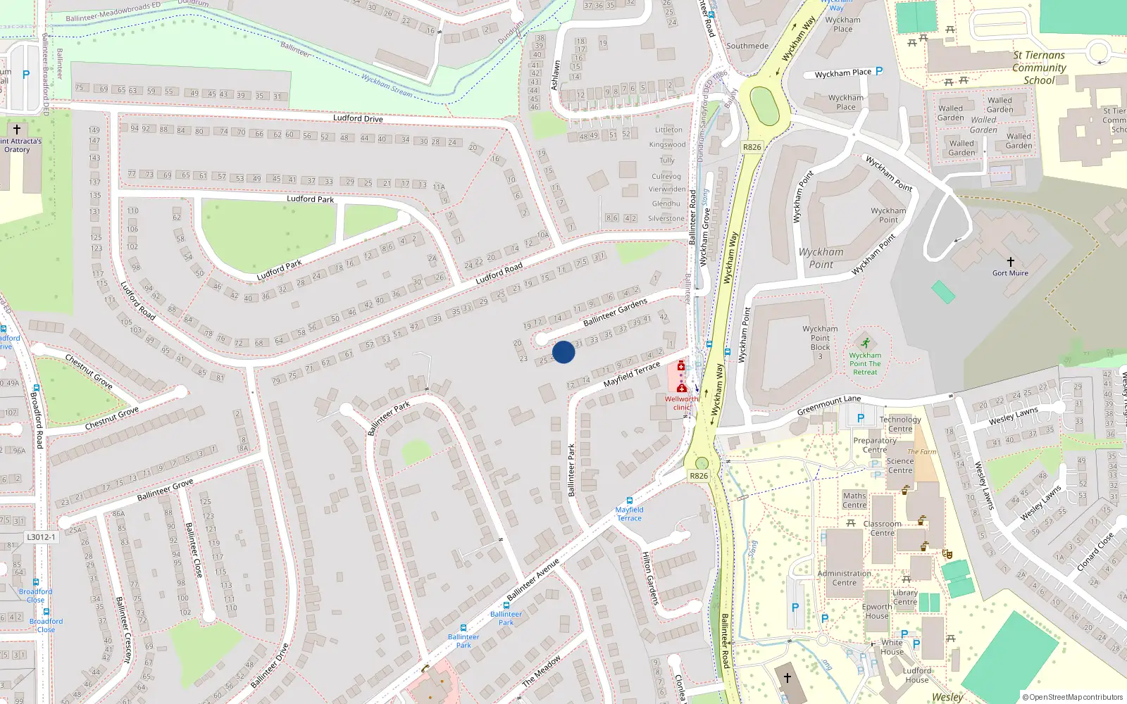 Overhead map showing the location of 28 Balinteer Gardens, 28 Ballinteer Gardens, Dublin 16