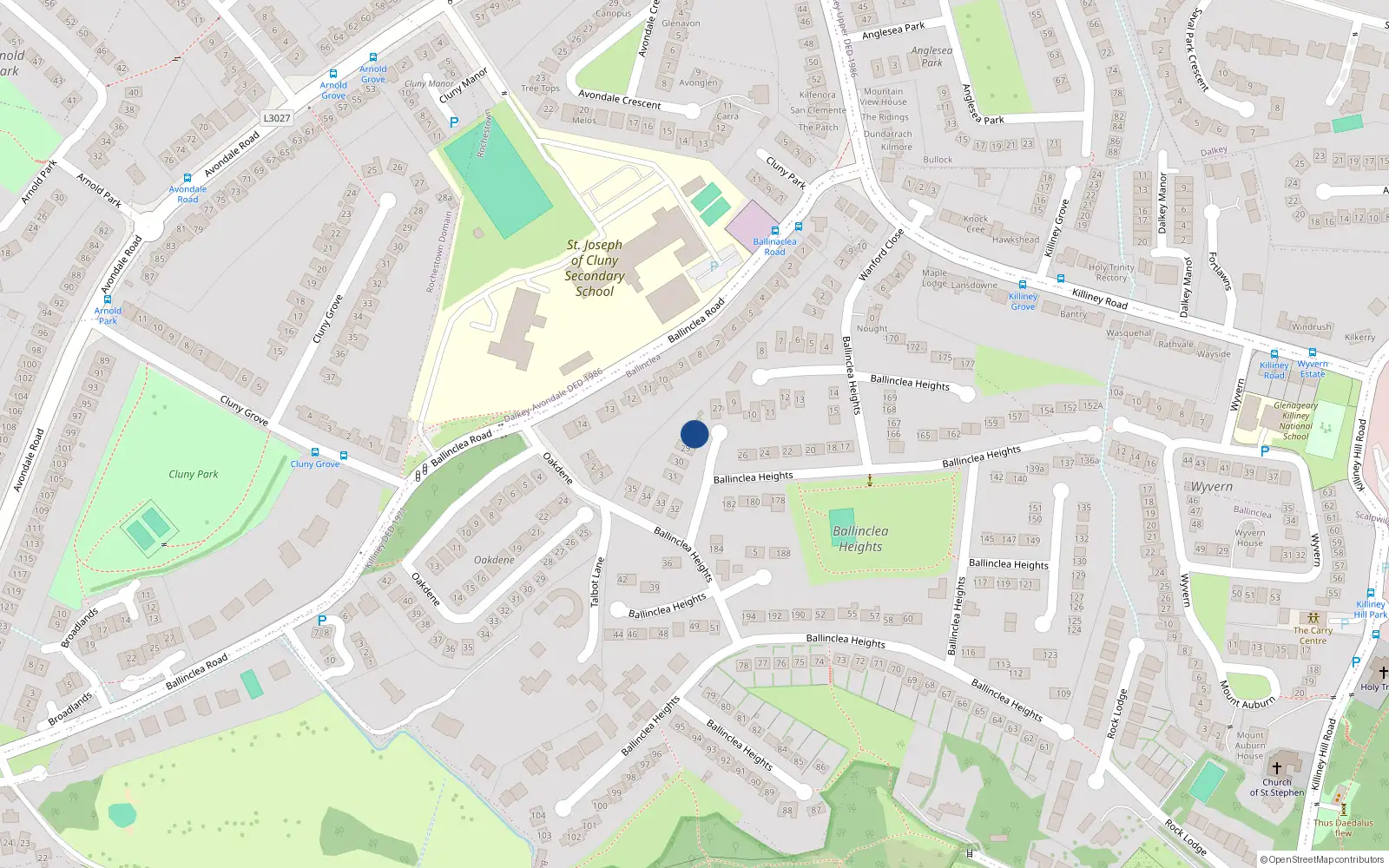 Overhead map showing the location of 28 Ballinclea Heights, Killiney