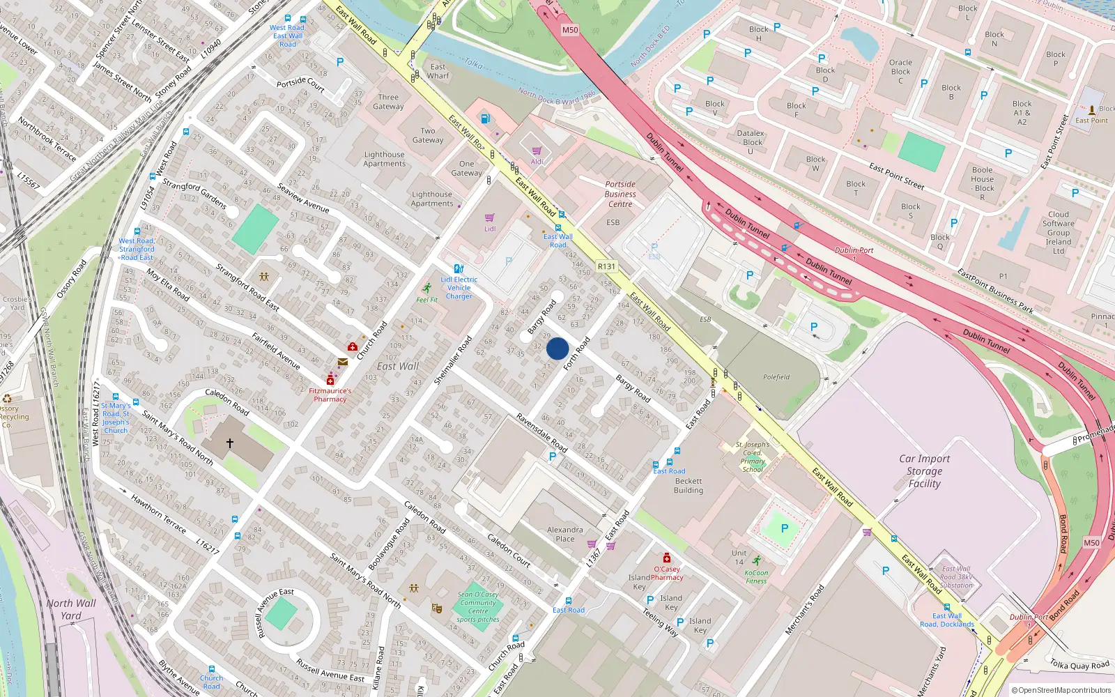 Overhead map showing the location of 28 Bargy Road, East Wall, Dublin 3