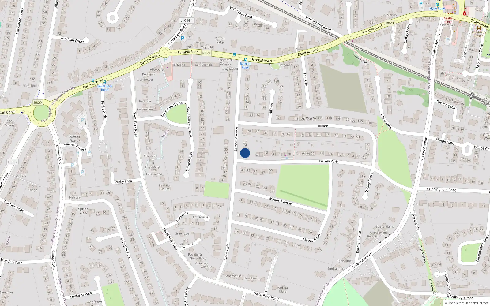 Overhead map showing the location of 28 Barnhill Avenue, Dalkey