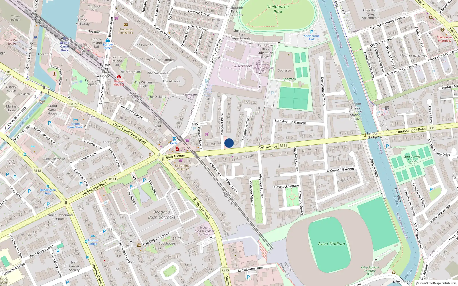 Overhead map showing the location of 28 Bath Avenue, Dublin 4