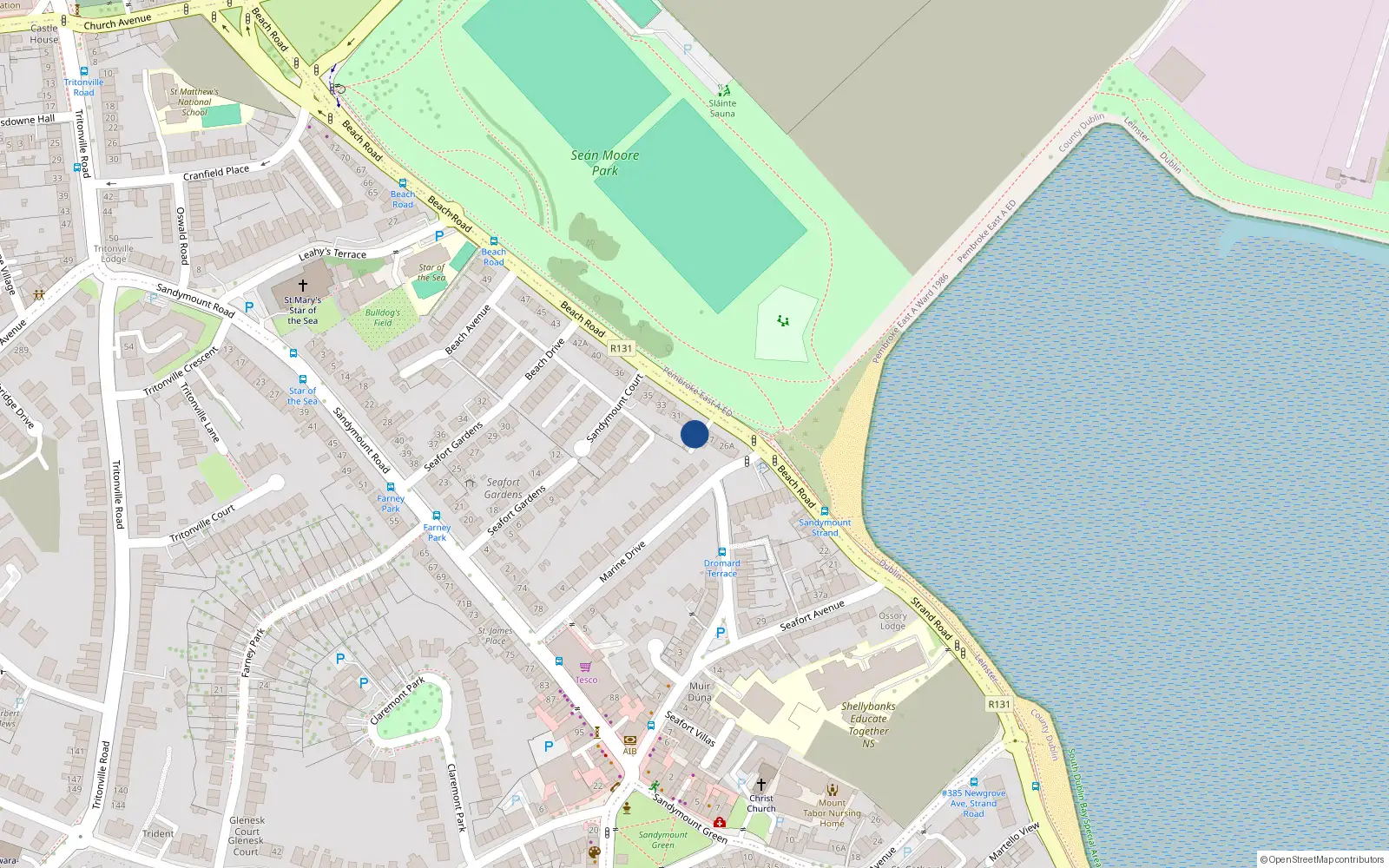 Overhead map showing the location of 28 Beach Road, Sandymount