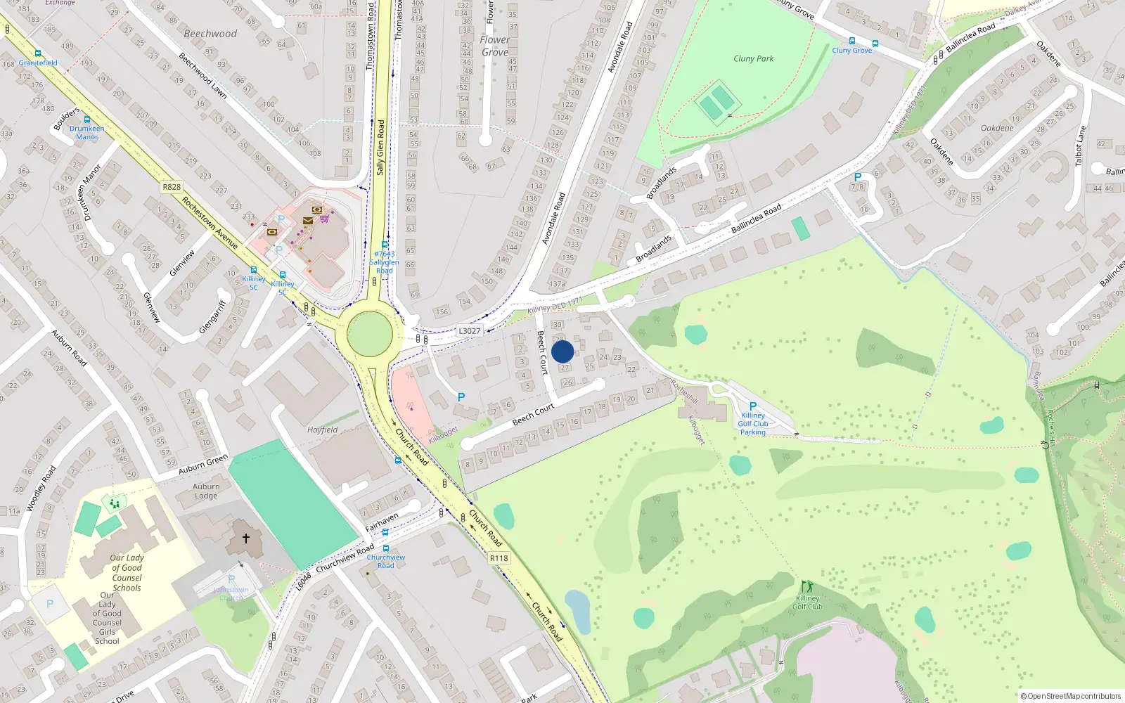 Overhead map showing the location of 28 Beech Court, Killiney