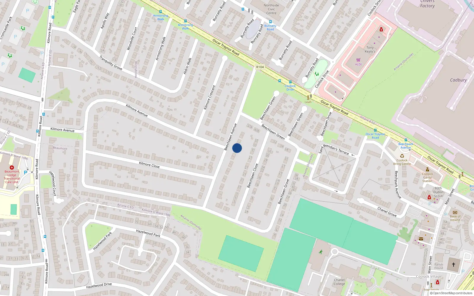 Overhead map showing the location of 28 Beechlawn Avenue, Dublin 5