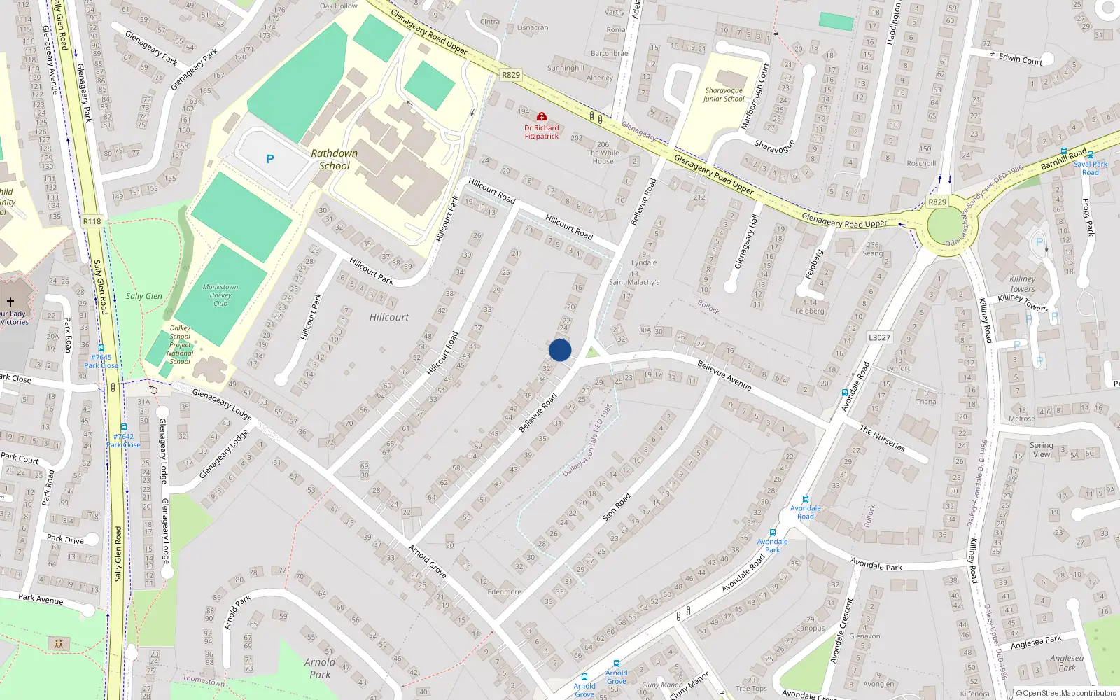 Overhead map showing the location of 28 Bellevue Road, Dublin