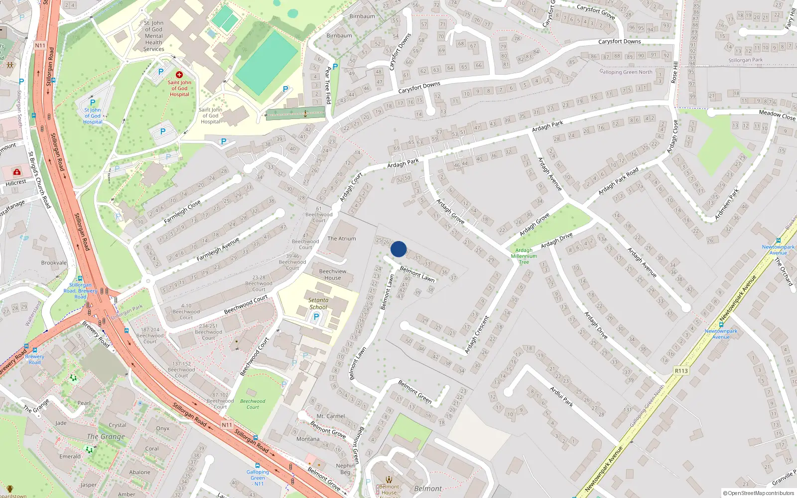 Overhead map showing the location of 28 Belmont Lawn, Galloping Green, Blackrock