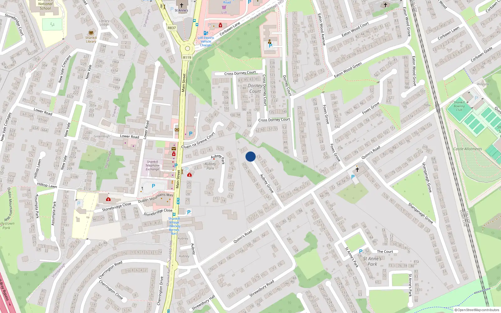 Overhead map showing the location of 28 Aubrey Grove, Shankill