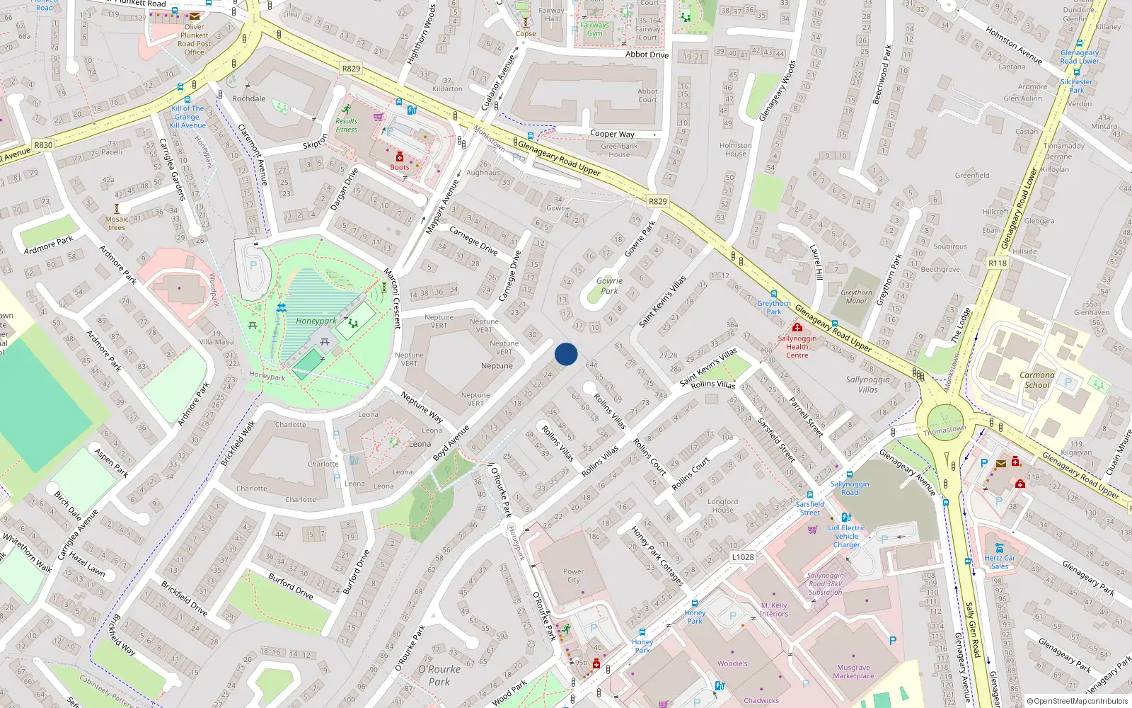 Overhead map showing the location of 28 Boyd Avenue, Dun Laoghaire