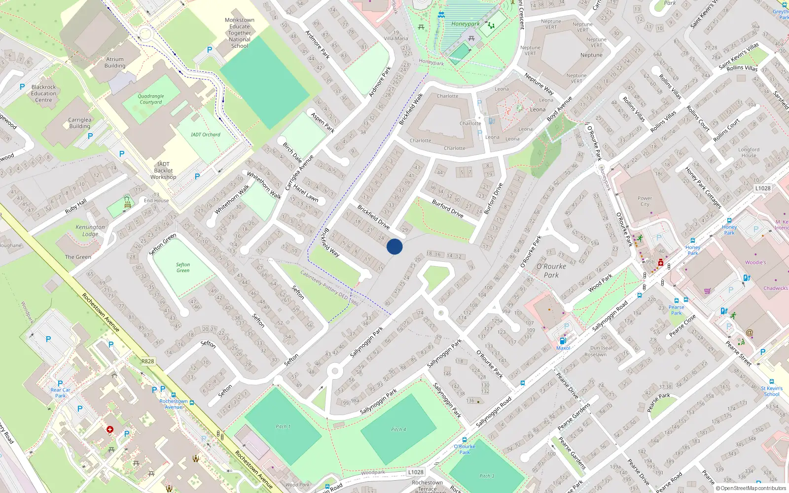 Overhead map showing the location of 28 Brickfield Drive, Dun Laoghaire