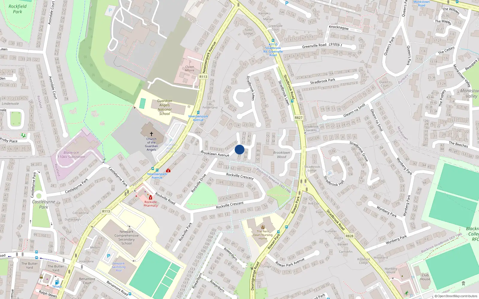 Overhead map showing the location of 28 Brooklawn Avenue, Blackrock, Dublin