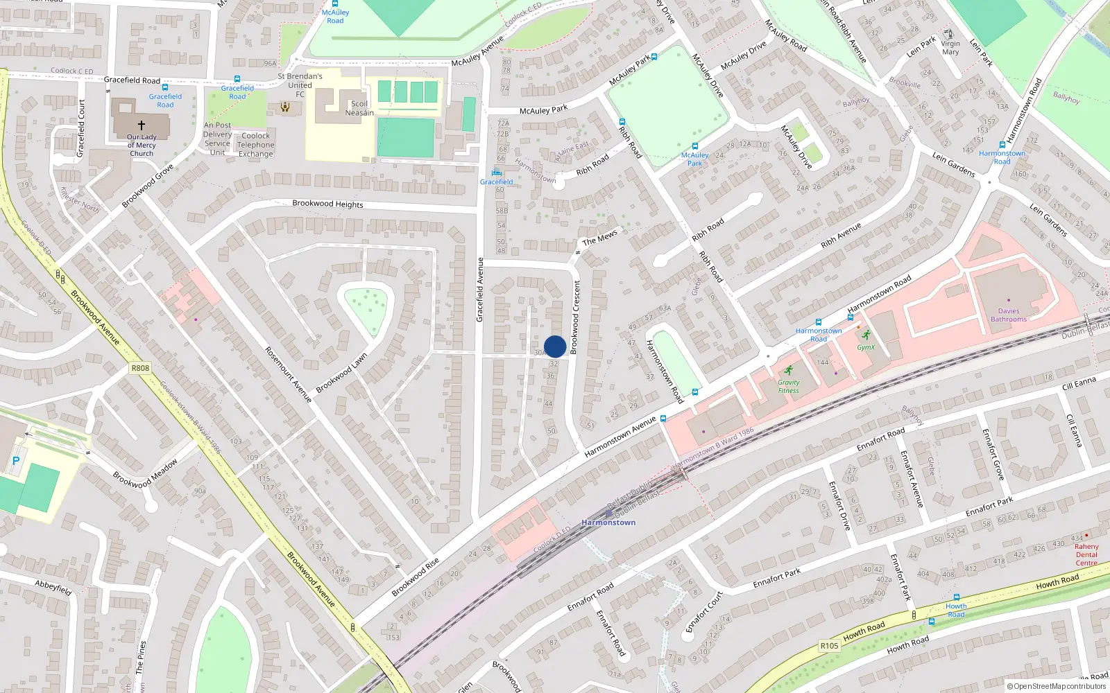 Overhead map showing the location of 28 Brookwood Crescent, Artane, Dublin 5