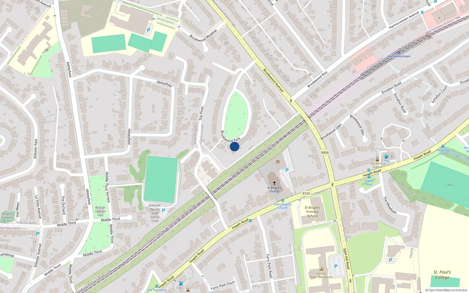 Overhead map showing the location of 28 Brookwood Park, Dublin 5