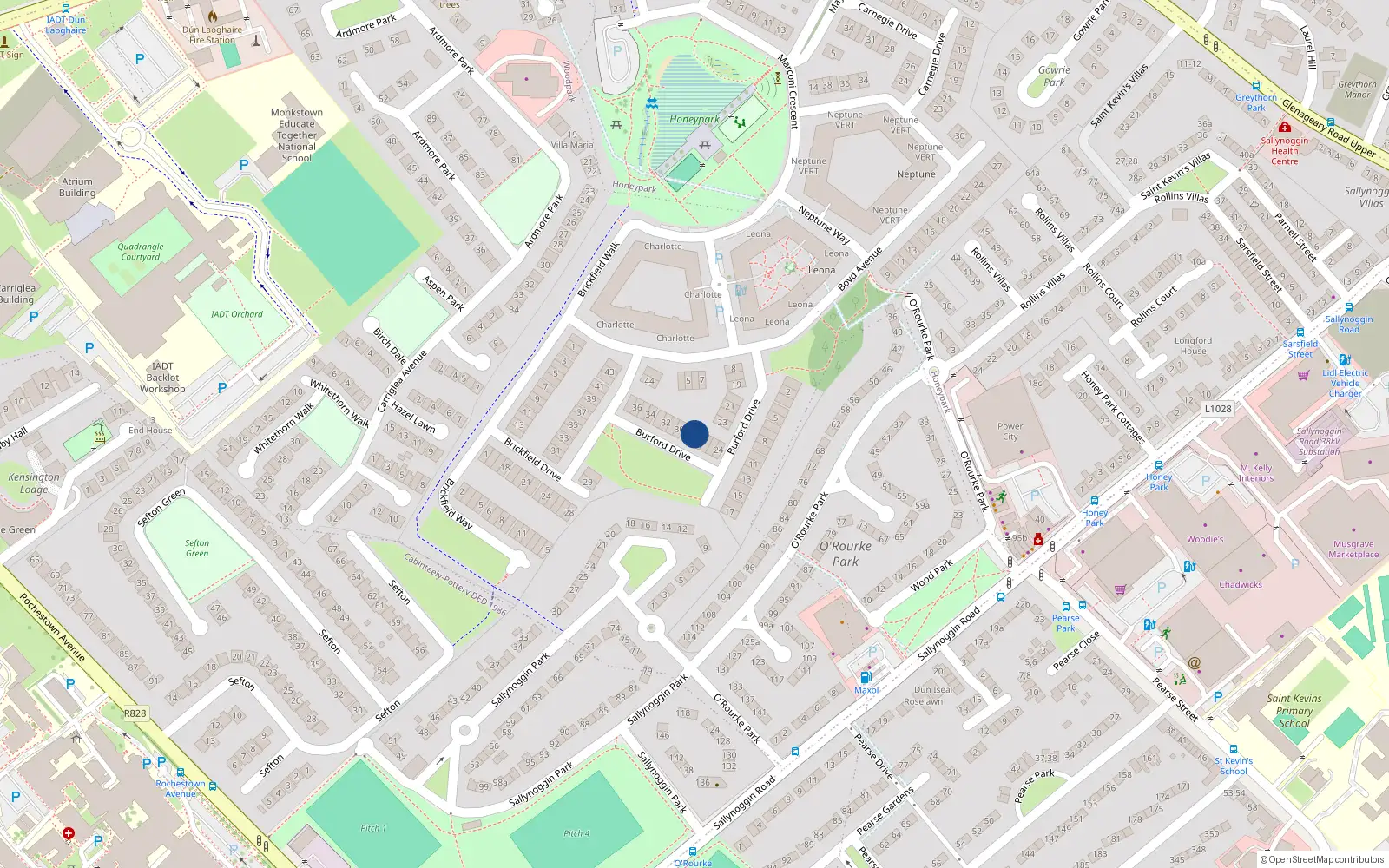 Overhead map showing the location of 28 Burford Drive, Dun Laoghaire