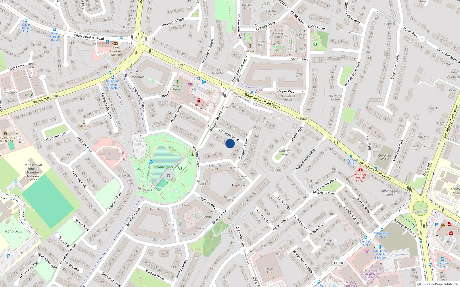 Overhead map showing the location of 28 Carnegie Drive, Dun Laoghaire