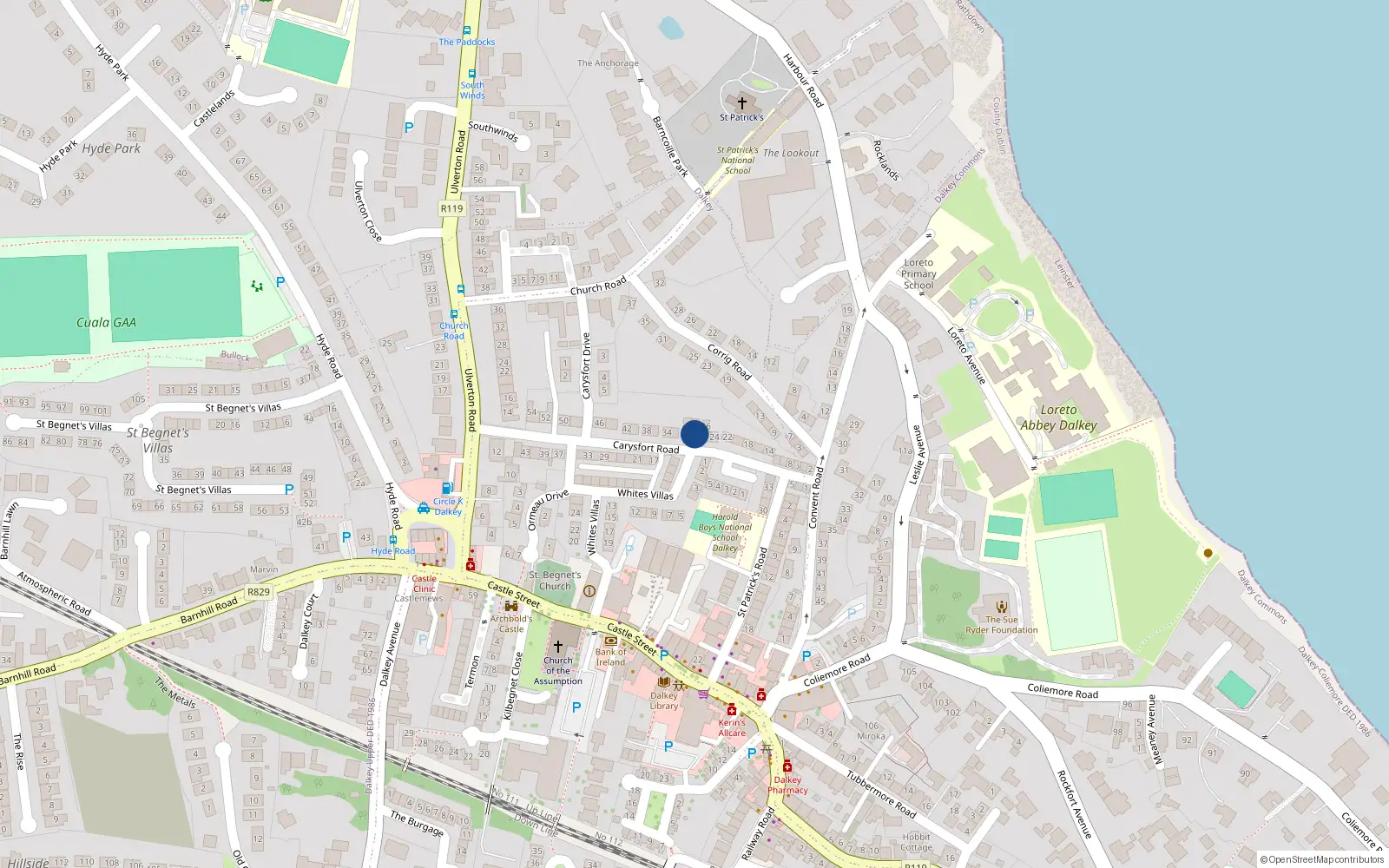 Overhead map showing the location of 28 Carysfort Road, Dalkey
