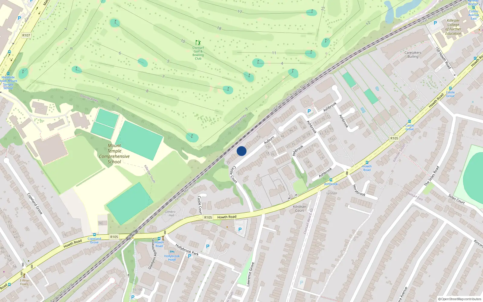 Overhead map showing the location of 28 Castlecourt, Howth Road, Dublin 3
