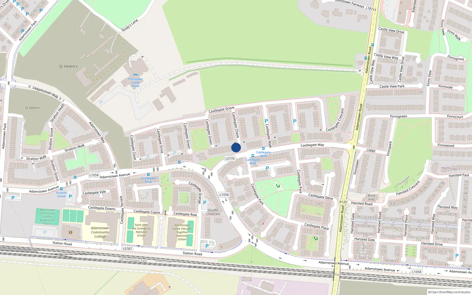 Overhead map showing the location of 28 Castlegate Chase, Lucan