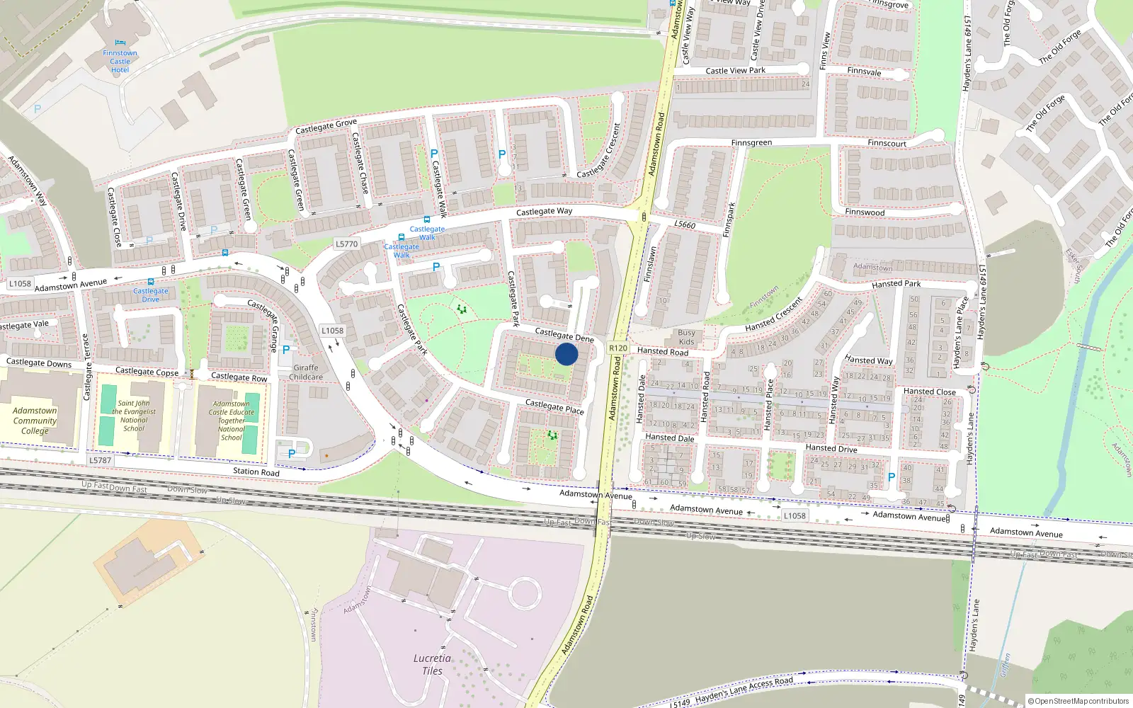 Overhead map showing the location of 28 Castlegate Dene, Adamstown, Dublin