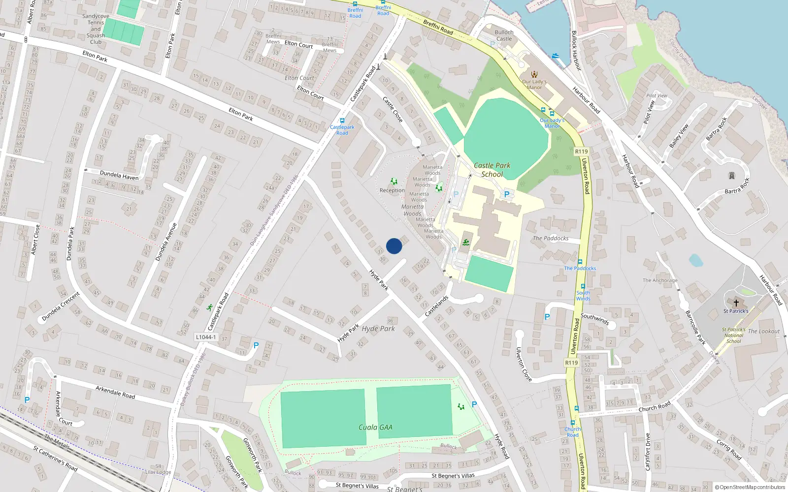 Overhead map showing the location of 28 Castlelands Grove, Dalkey