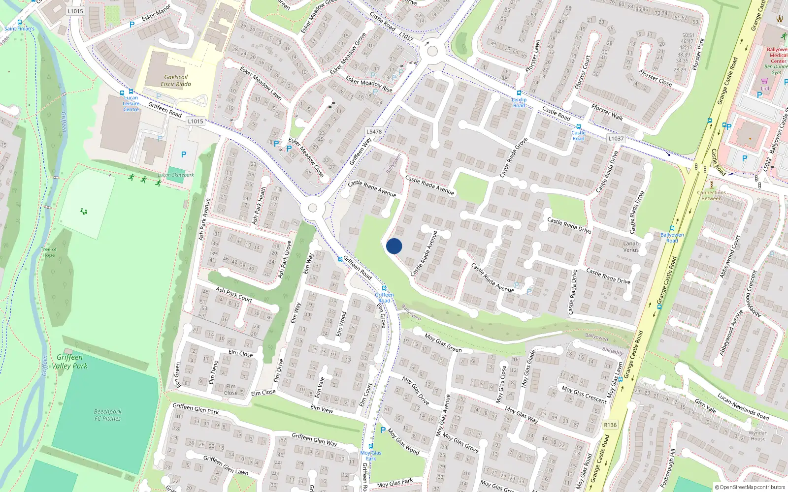 Overhead map showing the location of 28 Castle Riada Avenue, Lucan