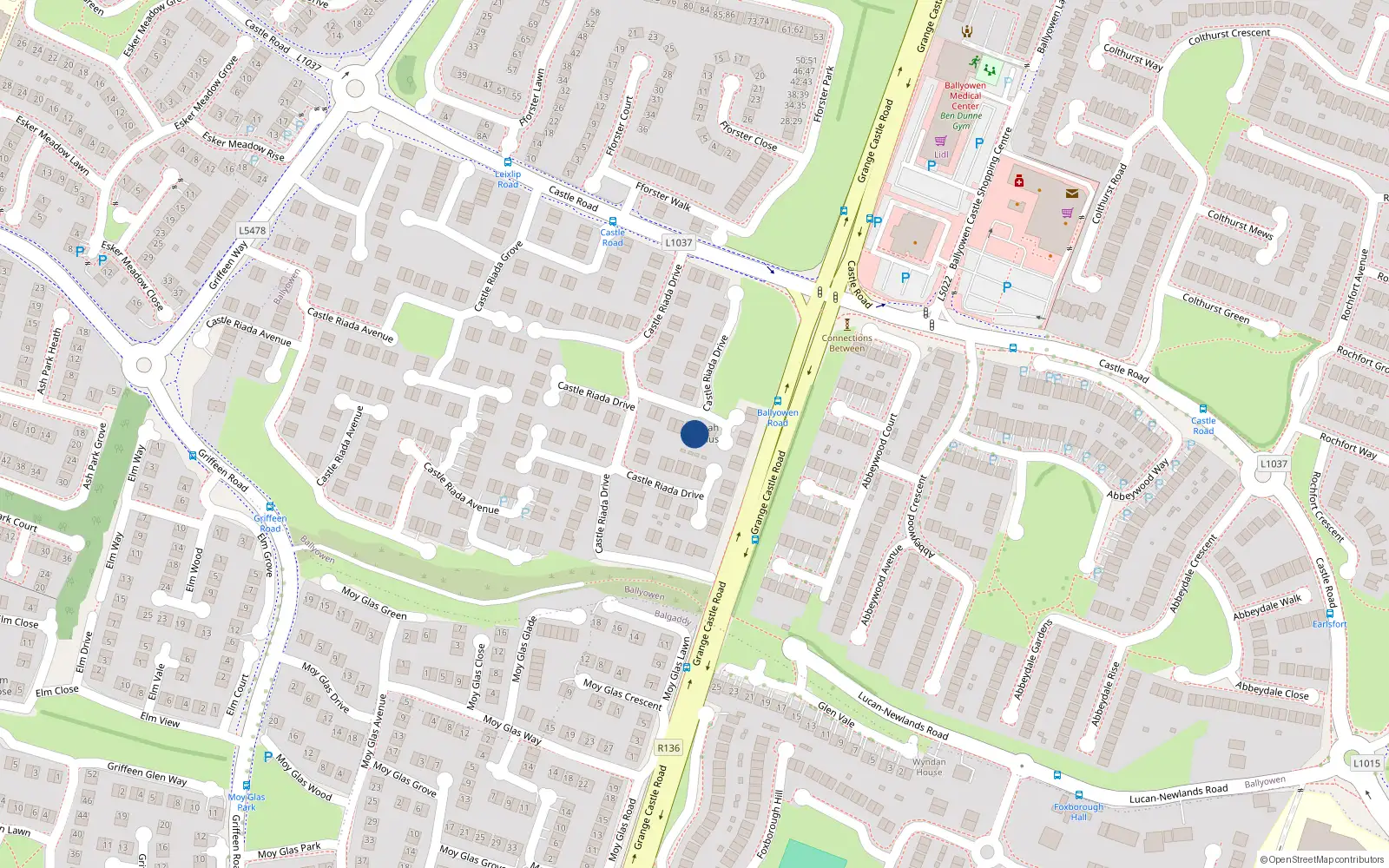 Overhead map showing the location of 28 Castleriada Drive, Lucan, Dublin