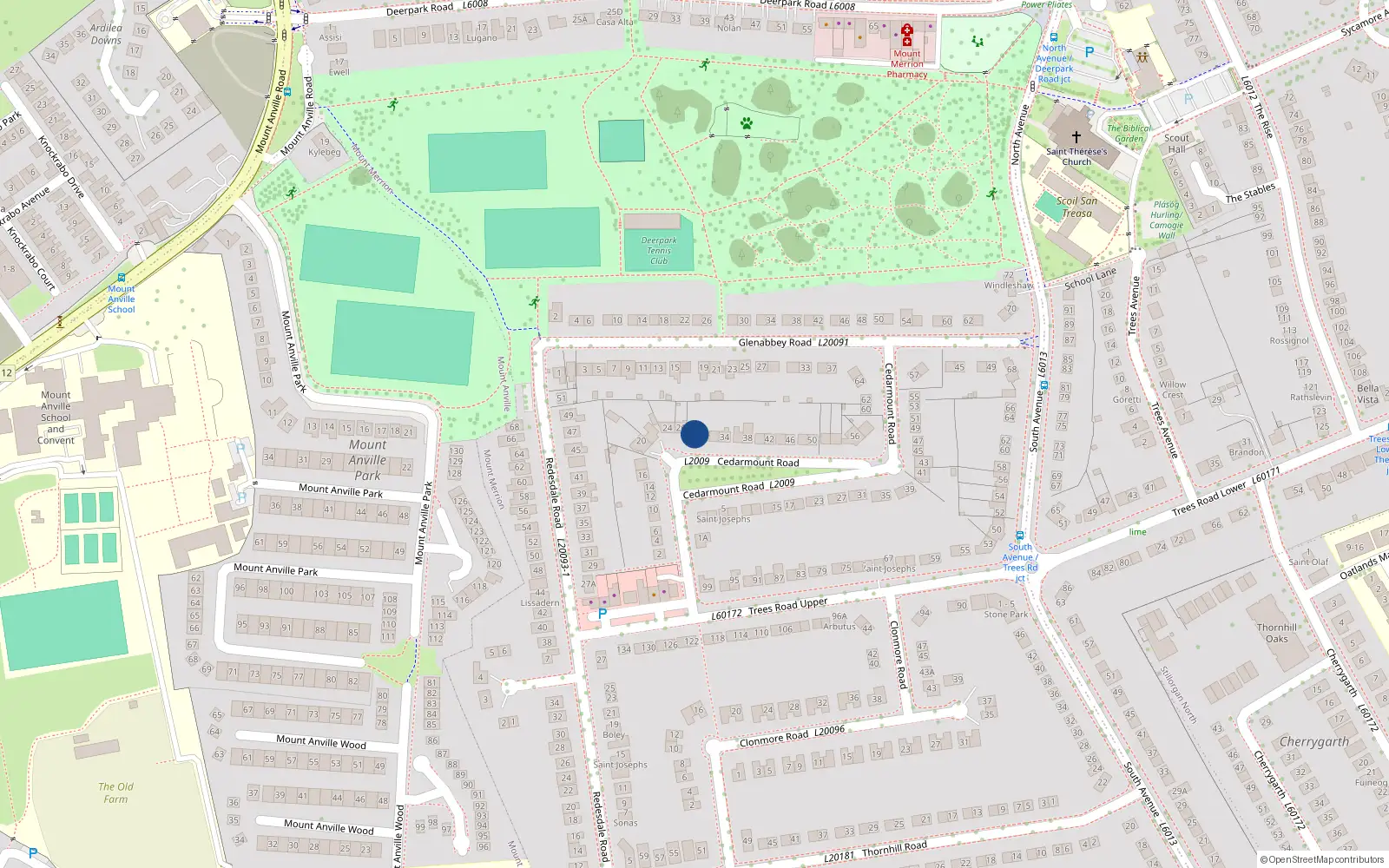 Overhead map showing the location of 28 Cedarmount Road, Blackrock