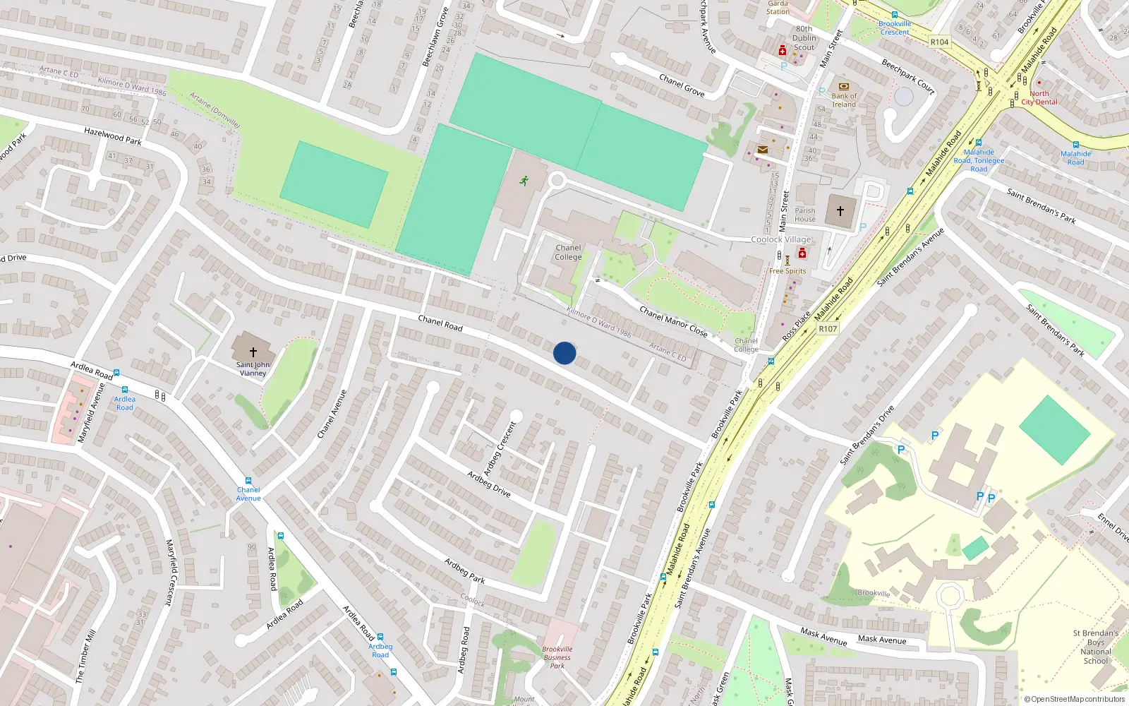 Overhead map showing the location of 28 Chanel Road, Dublin 5