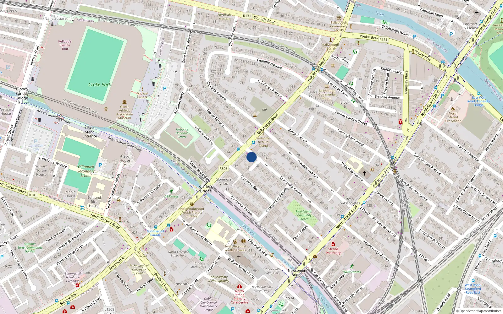 Overhead map showing the location of 28 Charleville Avenue, Dublin 3