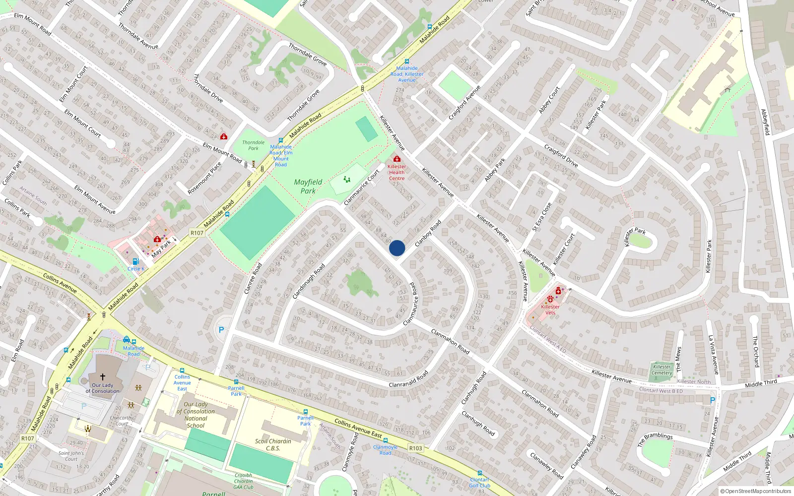 Overhead map showing the location of 28 Clanboy Road, Dublin 5