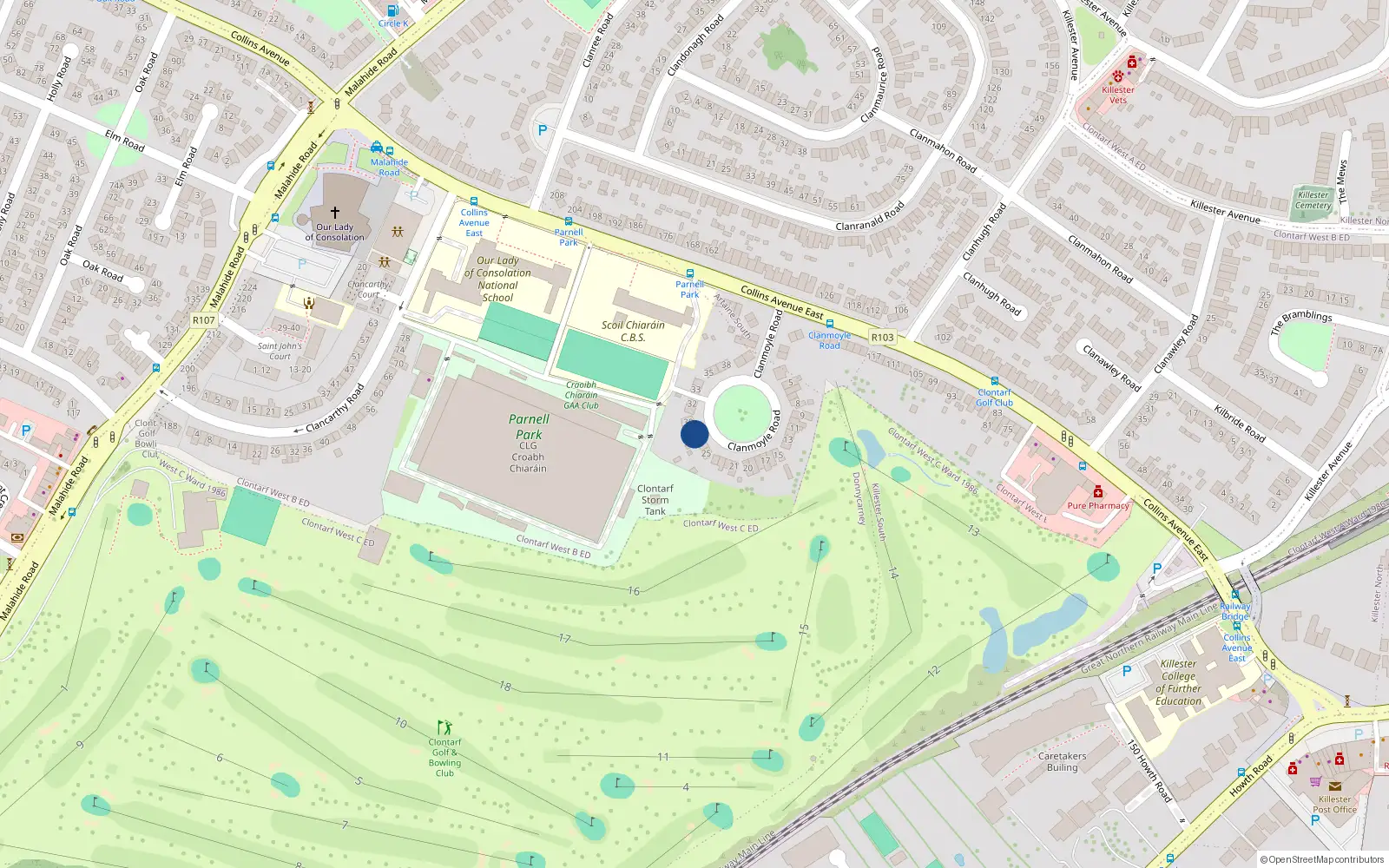 Overhead map showing the location of 28 Clanmoyle Road, Donnycarney, Dublin 5