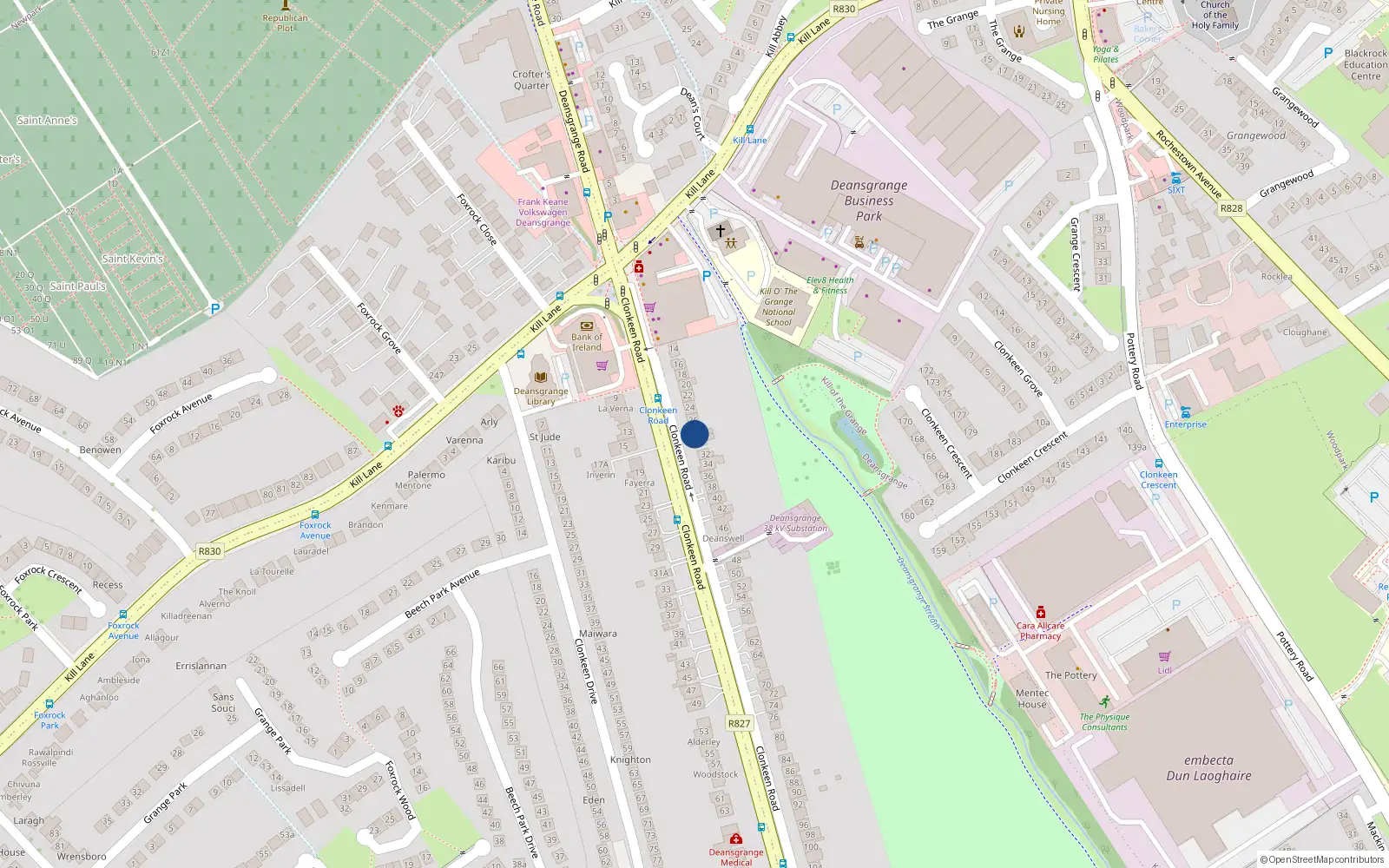 Overhead map showing the location of 28 Clonkeen Road, Blackrock, Dublin