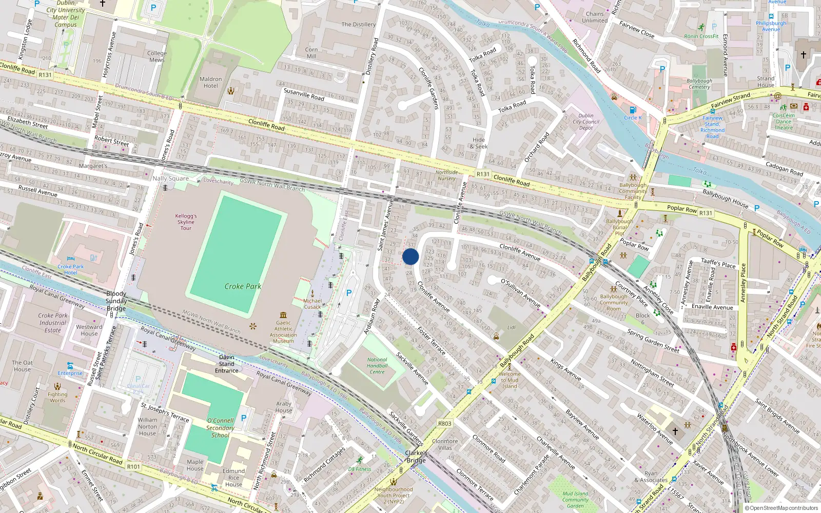 Overhead map showing the location of 28 Clonliffe Avenue, Dublin 3