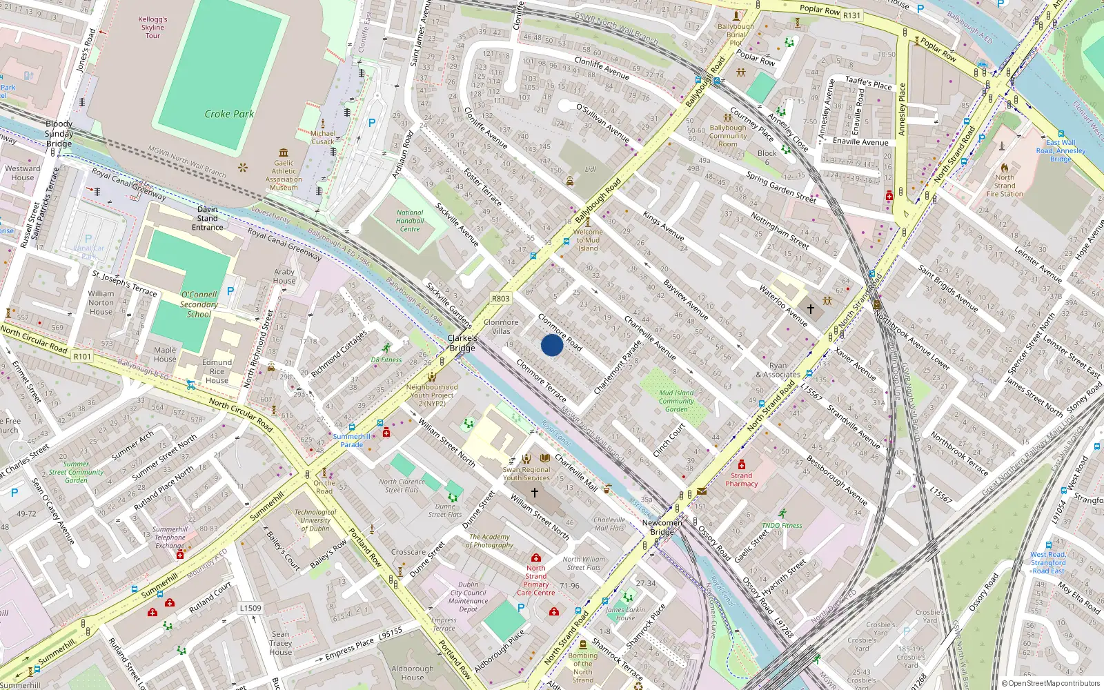 Overhead map showing the location of 28 Clonmore Road, Dublin 3