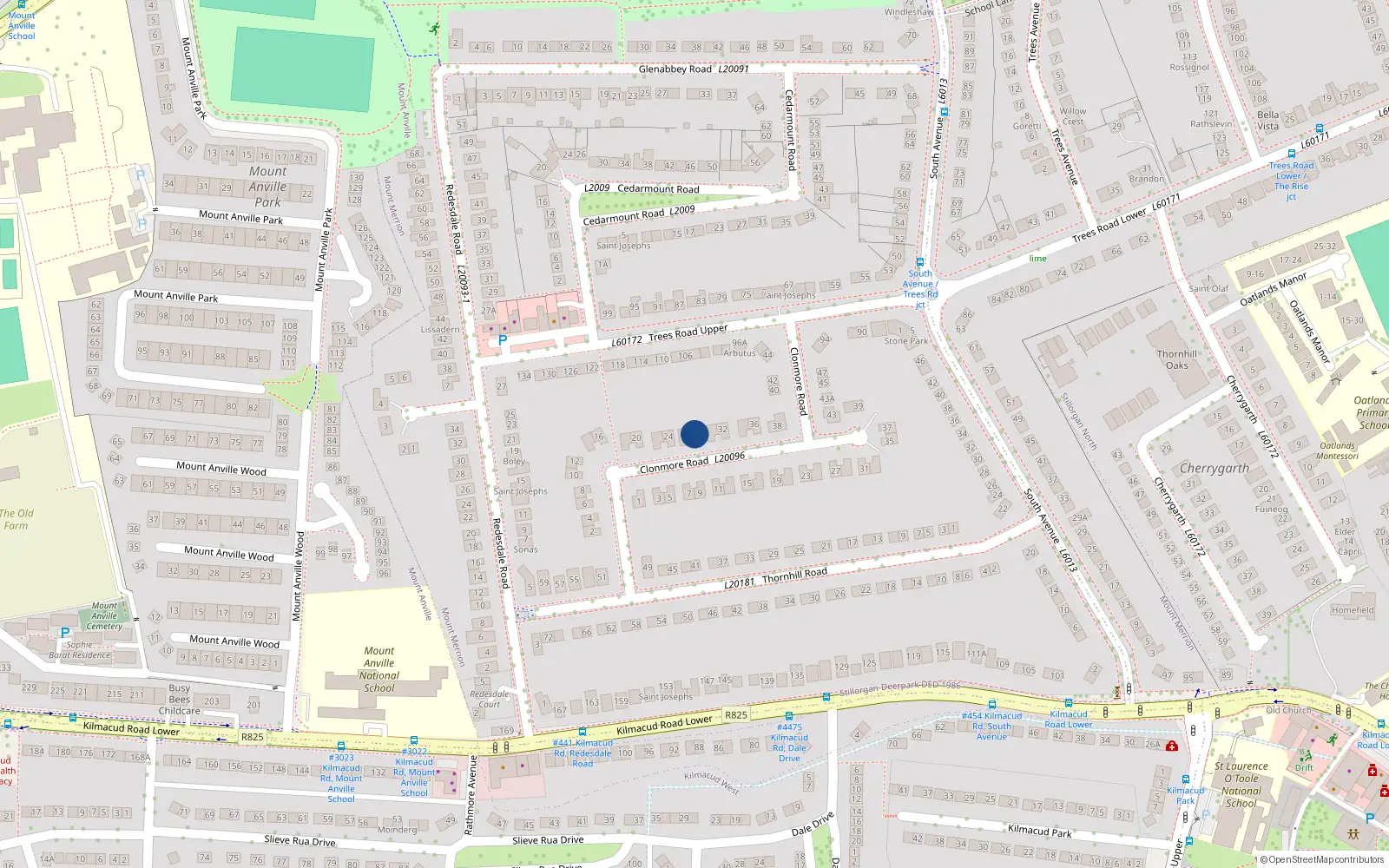 Overhead map showing the location of 28 Clonmore Road, Mount Merrion, Co Dublin