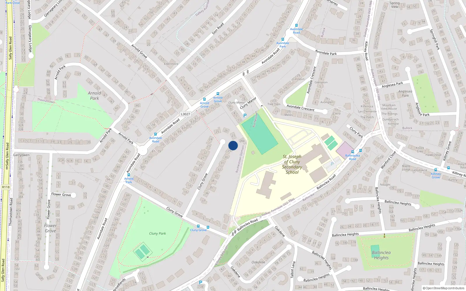 Overhead map showing the location of 28 Cluny Grove, Killiney