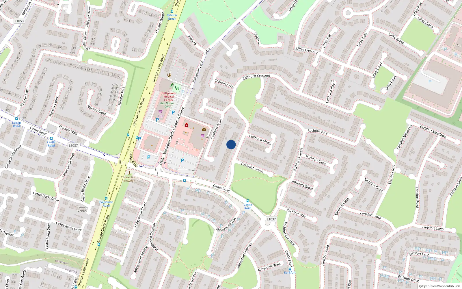 Overhead map showing the location of 28 Colthurst Crescent, Lucan
