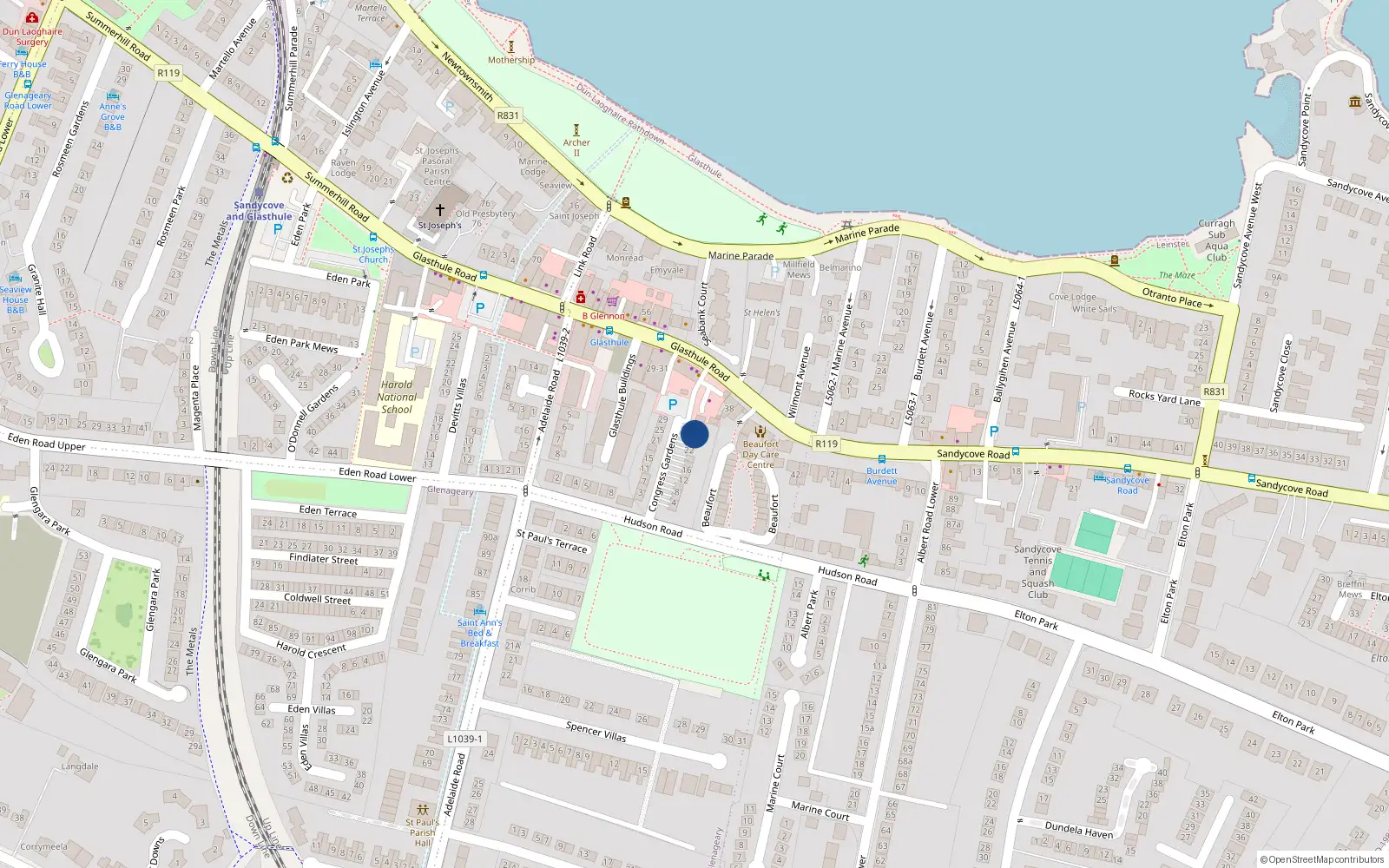 Overhead map showing the location of 28 Congress Gardens, Glasthule, Dublin