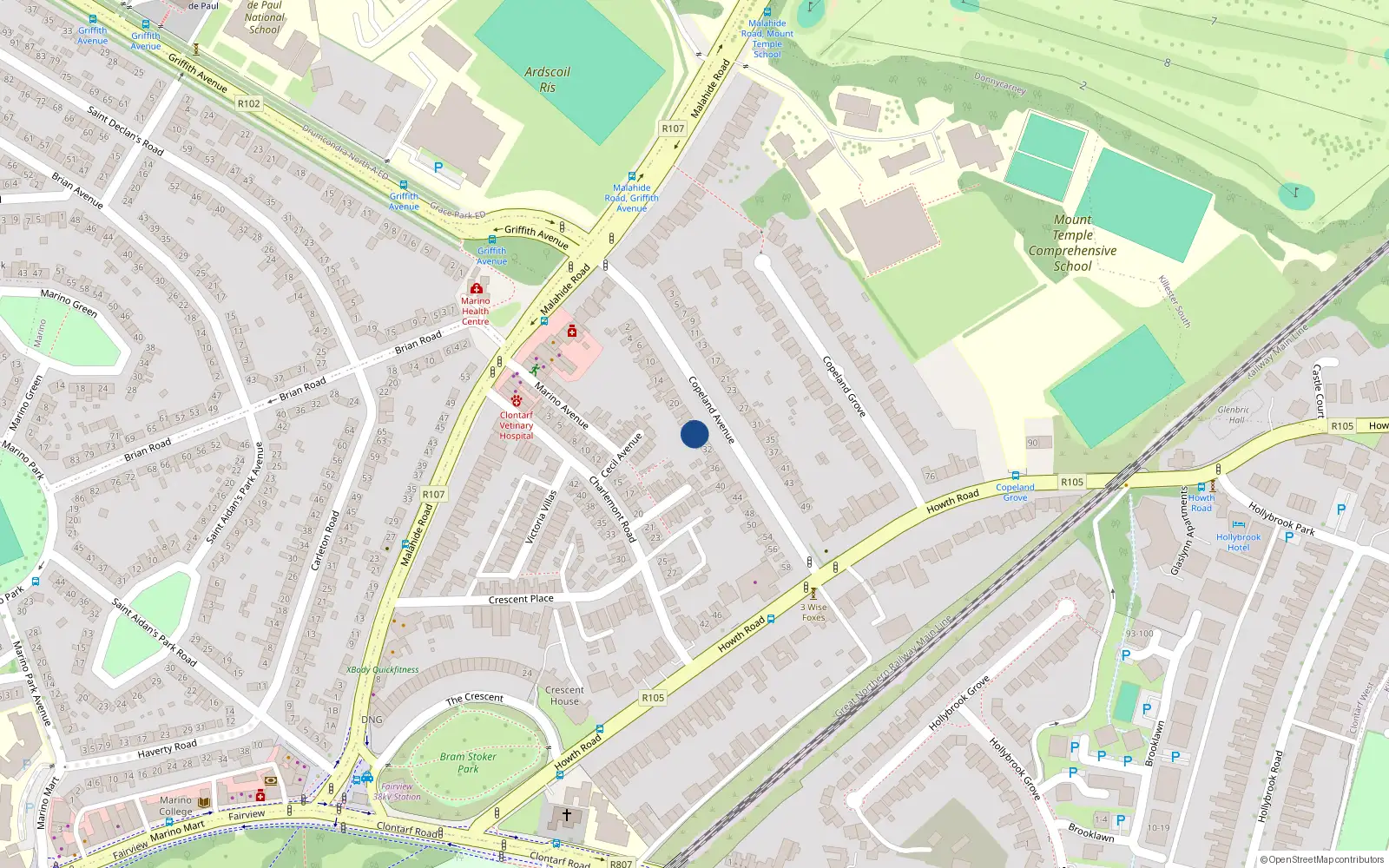Overhead map showing the location of 28 Copeland Avenue, Clontarf, Dublin 3