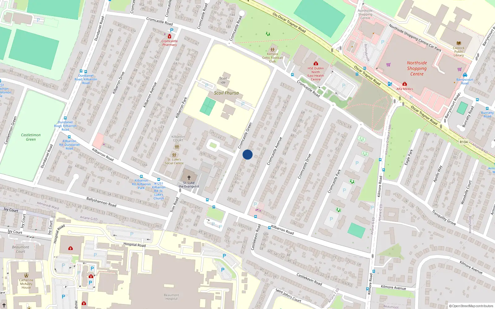 Overhead map showing the location of 28 Cromcastle Green, Dublin 5